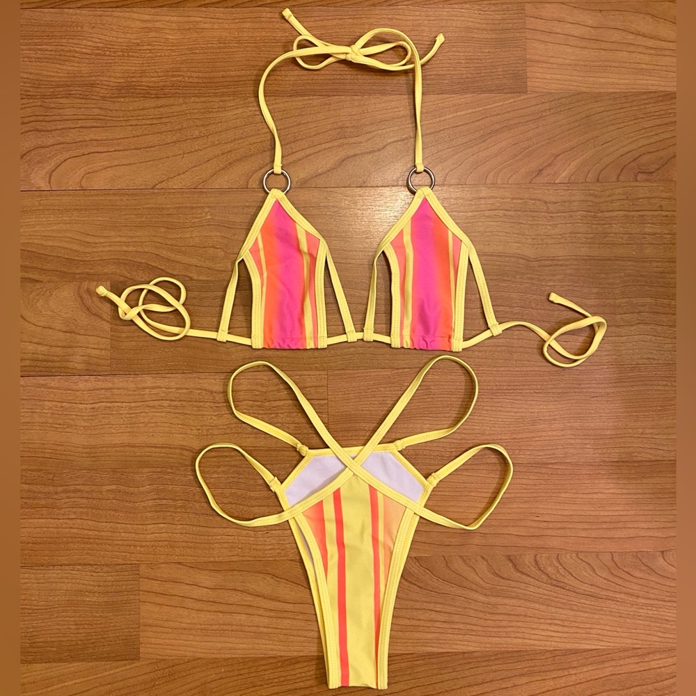 Neon Striped Triangle Top & Cheeky Bottom Cut Out Bikini Set